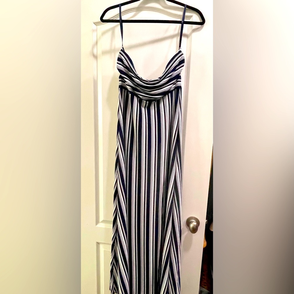 Strapless navy striped maxi dress, size Medium.